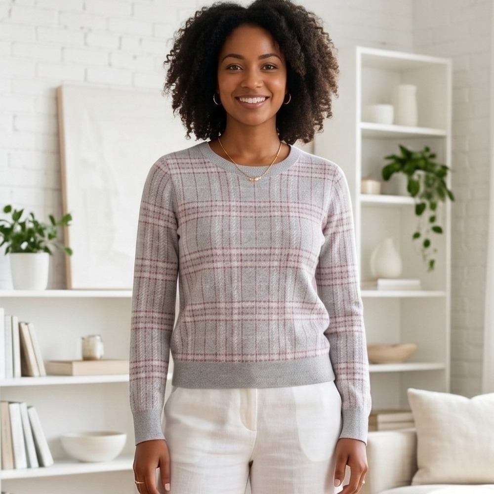Bass Womens Small Vintage Grey Pink Plaid Cotton Crewneck Sweater Knit Preppy‎